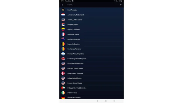 StrongVPN review- Screen capture of Android server list