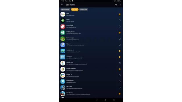 StrongVPN review- Screen capture of Android split tunnelling