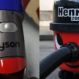 A close up of a Dyson V8 power switch next to a close up image of a Numatic Henry vacuum