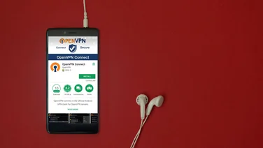 what is open vpn header, mobile phone on a red background with ear phones to one side