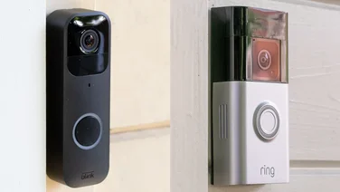 A combined image showing a Blink video doorbell next to a Ring video doorbell