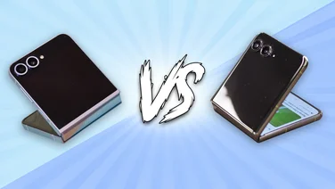 Samsung Galaxy Z Flip 6 and Motorola Razr 50 Ultra against a two-tone blue background with "VS" between them