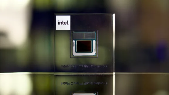 The Intel Core Ultra 200V series CPU mounted in a transparent resin block