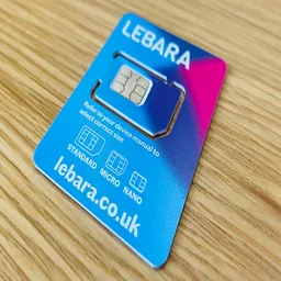 A blue Lebara SIM card on a wooden table