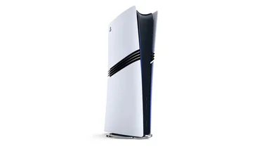 Product image of the PlayStation 5 Pro stood on its vertical stand, which is sold separately