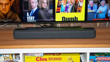 Amazon Fire TV Soundbar in front of a TV