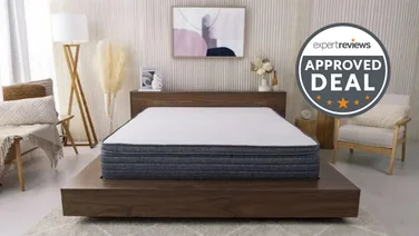An image of the Origin Hybrid mattress with the Expert Reviews approved deal logo