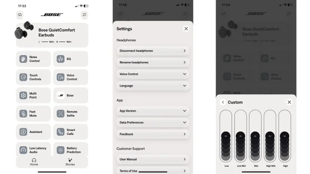 Three screenshots of the Bose QCE companion app showing the homepage, settings and custom EQ option