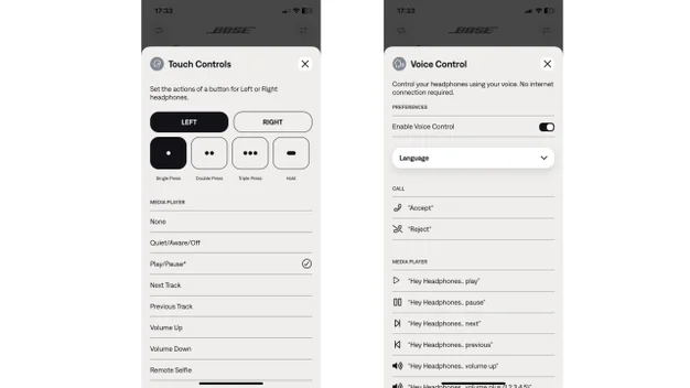Two screenshots of the Bose QCE companion app displaying the touch and voice control settings
