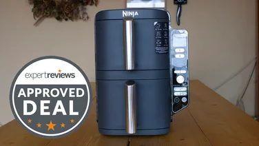 The Ninja DoubleStack XL on a wooden kitchen counter overlaid with an Expert Review Approved Deal roundal
