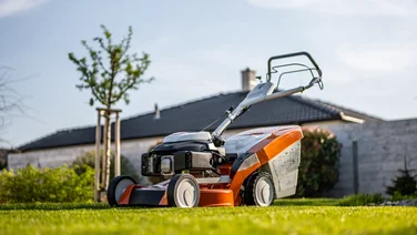 What size lawn mower do I need? orange lawn mower in front of a tree