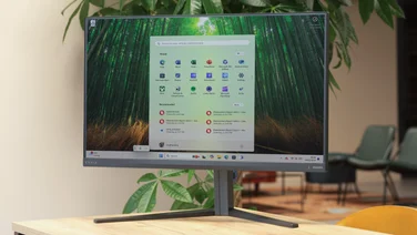 Philips Evnia 32M2N6800 on a table with a plant in the background