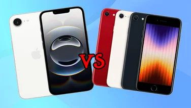 Apple iPhone 16e and iPhone SE 2022 cutout images placed on a blue background