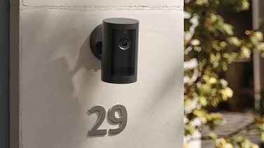 The Ring Outdoor Camera Plus mounted on an outdoor wall