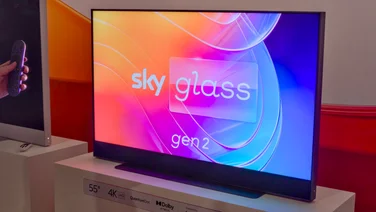The Sky Glass Gen 2 55in model shown on a plinth at the press event