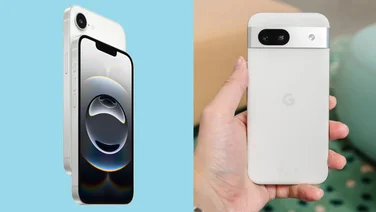 Comparison image with the iPhone 16e on the left and Google Pixel 8a on the right