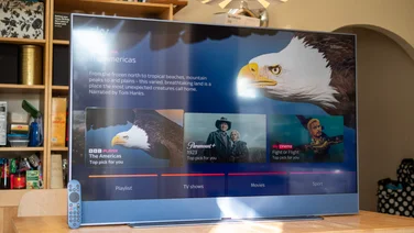 A photo, from the front, of the Sky Glass Gen 2 on a kitchen table