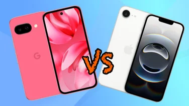 A composite image showing the Google Pixel 9A and the iPhone 16e against a blue background with the test "vs" between them