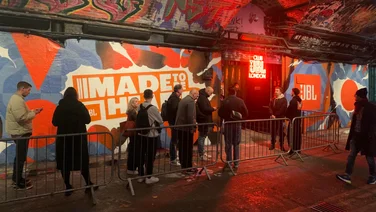 The queue outside Club JBL ahead of the launch of the JBL Charge 6, Flip 7, PartyBox 520 and PartyBox Encore 2
