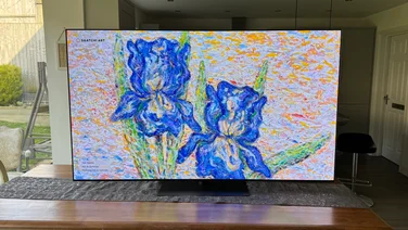 Front view of the LG G5 OLED TV with a screensaver on screen