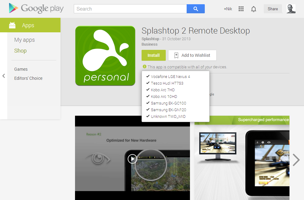 Supported devices on Google Play