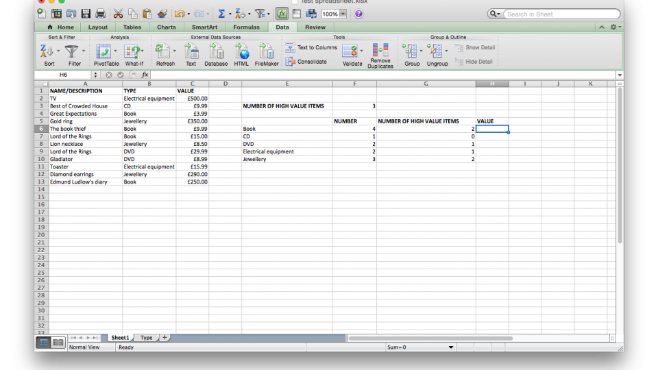 Set up table for Sumif in Excel
