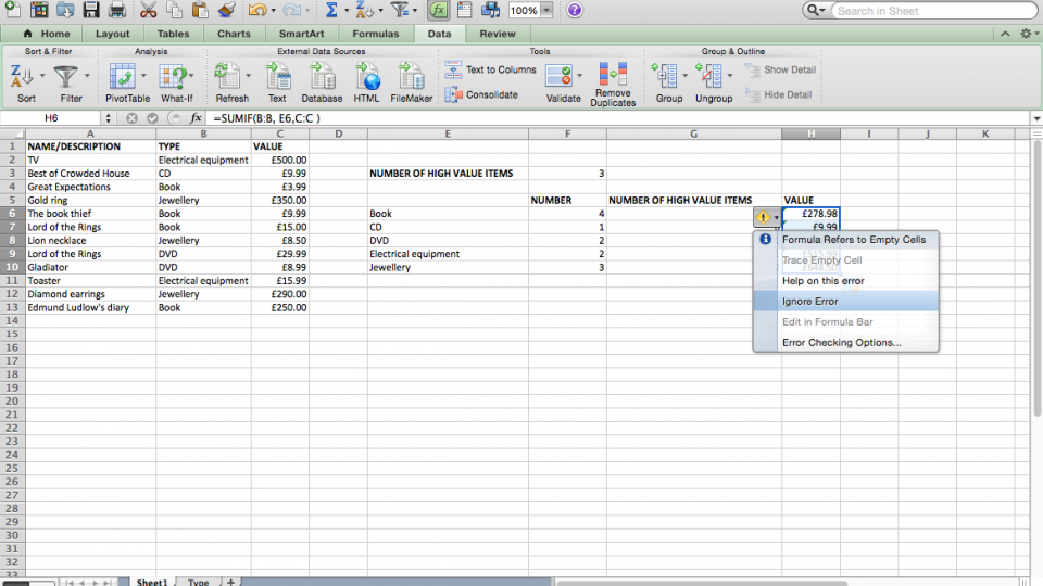 Ignore empty cell errors in Excel