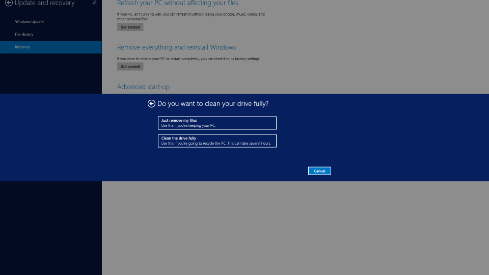 Choose wipe options for Windows 8 refresh