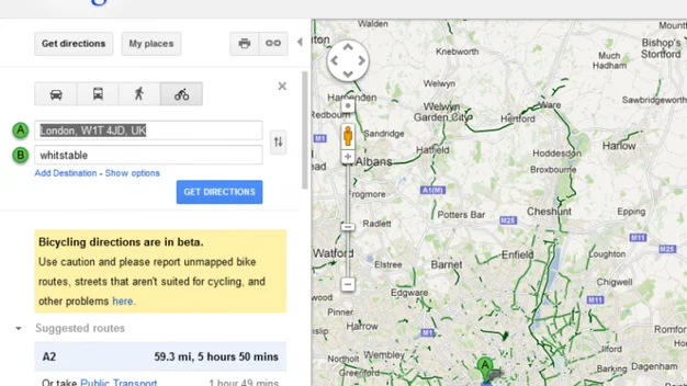 Cycle directions on Google Maps