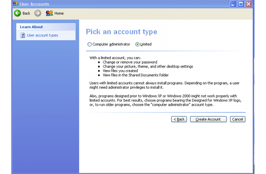 Windows XP Limited Account