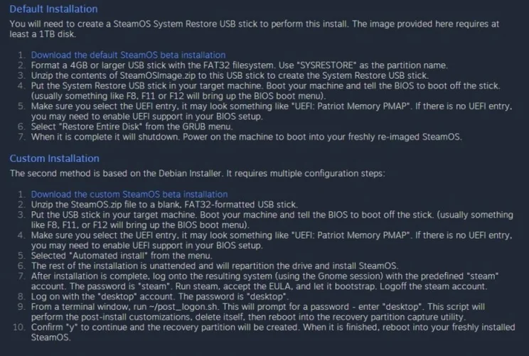 Steam OS installation instructions