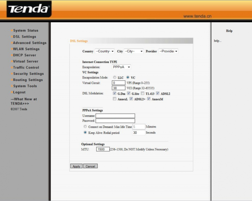 Tenda W300D interface