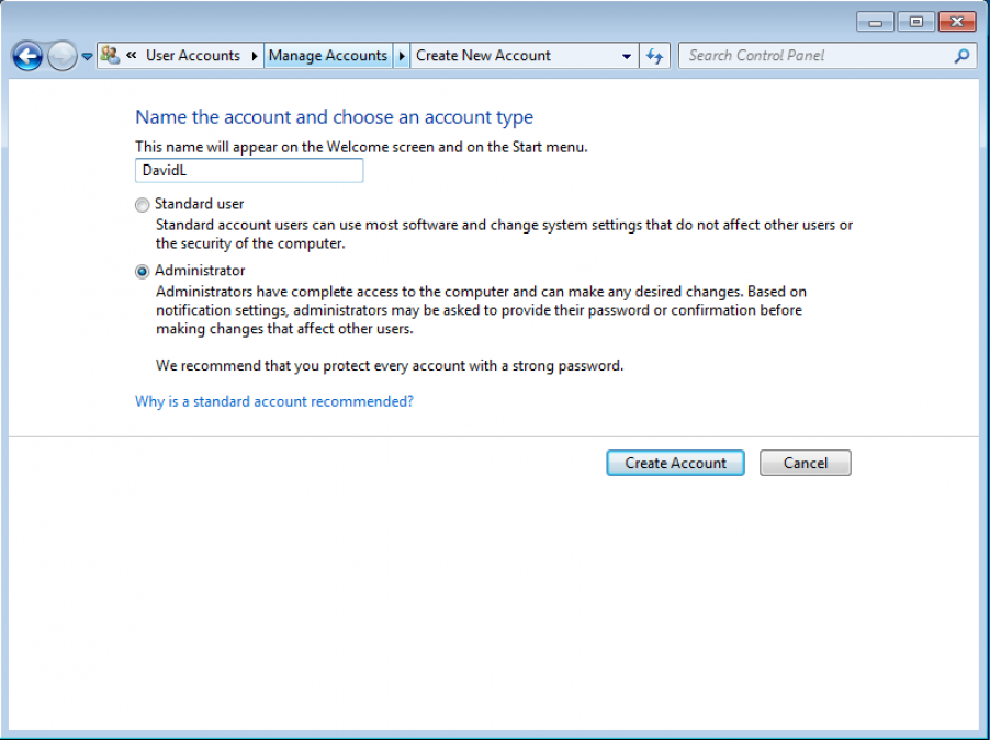 Windows 7 Create New User Account