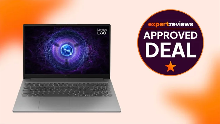 The Lenovo LOQ 15 15IAX9 laptop on an orange background with an Expert Reviews approved deal logo to the right