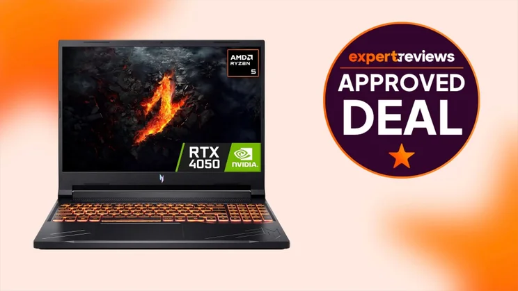 The Acer Nitro V 16 ANV16-41 laptop against an orange background and with an Expert Reviews approved deal roundel to the right