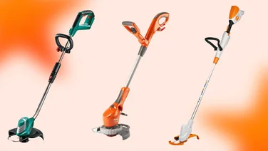 Three strimmers cut out against an orange background