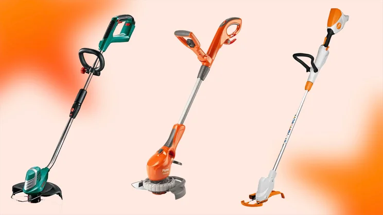 Three strimmers cut out against an orange background