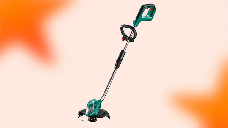 Bosch AdvancedGrassCut 36 set against an orange background