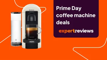 The Nespresso Vertuo Plus coffee machine against an orange background, with text reading "Prime Day coffee machine deals"