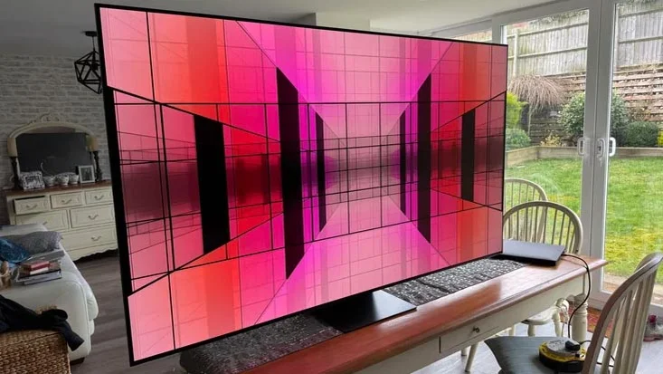 The Samsung S95F QD-OLED TV on a table in a conservatory