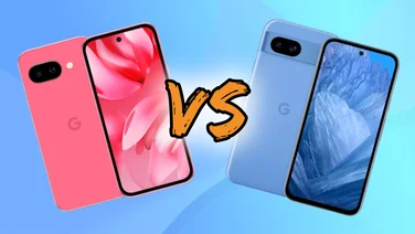 Google Pixel 9a and Google Pixel 8a on a blue background with an orange VS between them