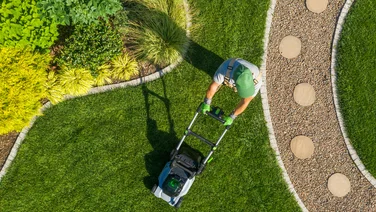 When is the best time to mow your lawn aerial view of a person mowing the lawn