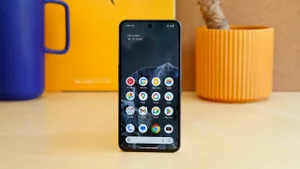 CMF Phone 2 Pro standing upright on a worktop, with the display on