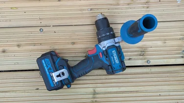 Erbauer ECDT18-Li-2 cordless drill - product lying on its side, photographed from above