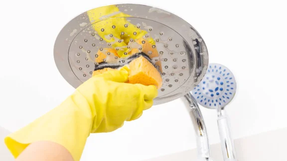 Metallic shower head being cleaned with orange sponge