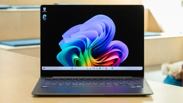 The Samsung Galaxy Book5 Pro pictured from the front, open