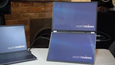 The Asus ZenScreen Duo OLED portable monitor in landscape mode, pictured from the front, attached to a laptop