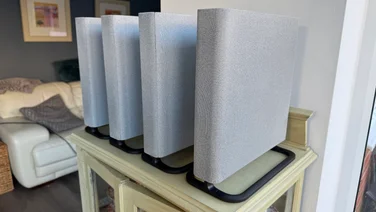 Sony Bravia Theatre Quad speakers lined up, viewed from the right
