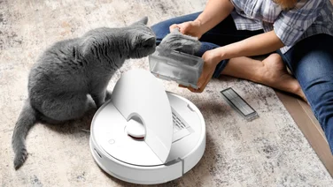 Ways to make your vacuum cleaner smell better lady cleaning the filter of a robot vacuum with her cat watching