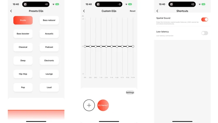 Three screenshots from the 1MORE Music app showing the EQ and shortcut options